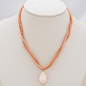 Colar Duplo Cristais Rosa com Pérola Irregular Rosada
