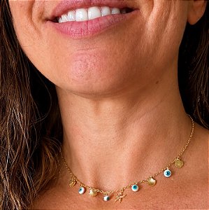 Chocker Praiana com berloques olho grego e estrela do mar