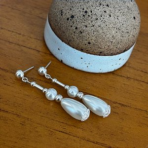 Brinco Elegante Noivas, Pérola e Prata 925.