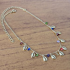 Colar Chocker Búzios Com Pedras Coloridas banho de ouro amarelo