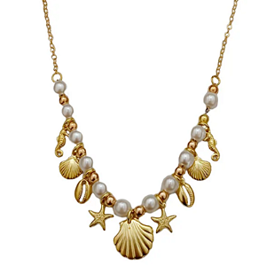 Colar chocker concha do mar e búzios com perolas banho de ouro amarelo