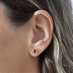 Conjunto pingente e brinco zircônia vermelha banho ouro amarelo