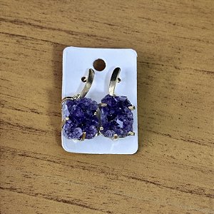 Brinco Drusa ametista Pedra Natural banho ouro amarelo