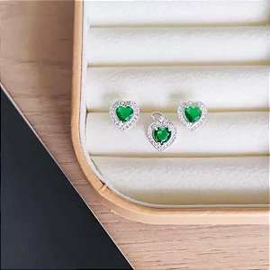 Conjunto Brinco e Pingente Coração Verde Zircônias Brancas em  Prata 925