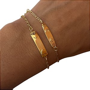 Pulseira infantil com plaquinha e dois corações, Peixinhos ou Lua e Estrela