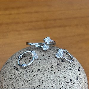 Conjunto Brinco Argola Coração e Anel medida regulável com Coração Delicado com Zircônias Brancas Prata 925