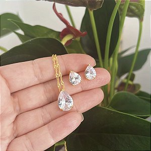 Conjunto pingente e brinco Gota zircônia branca banho ouro amarelo