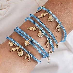 Colar Chocker Pulseira Duas Voltas Cristais Azul Claro com Pingentes de Fundo do Mar