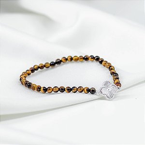 Pulseira Pedra Natural Olho de Tigre com Trevo Banho Prata 925