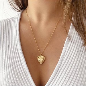 Colar Relicário Coração Folheado a Ouro e Prata