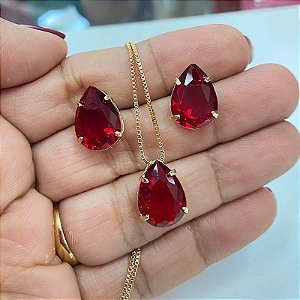 Conjunto Colar e Brincos Gota Rubi