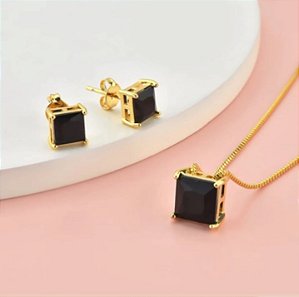 Conjunto de Zircônia Quadrado Preto Banhado à Ouro