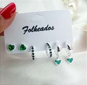 Brincos Trio de Argolas Trio Ponto de Luz Coração, Argola Cravejado e Argolinha Coração Prata Trio Ponto de Luz Coração, Argola Cravejado e Argolinha Coração Prata - Verde Esmeralda