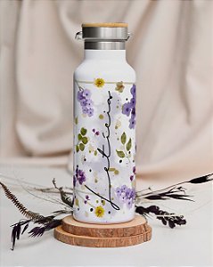 Garrafa térmica floral lilás com tampa de bambu personalizada