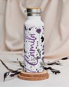 Garrafa térmica floral aquarela com tampa de bambu personalizada