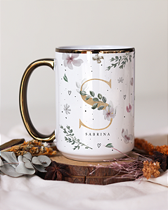 Caneca jumbo alça cromada personalizada floral + inicial + frase