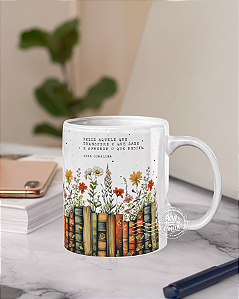 Caneca tradicional professora arte livros