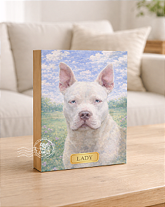 Quadro de mesa meu pet cachorro pitbull branco personalizado com nome 15x20cm