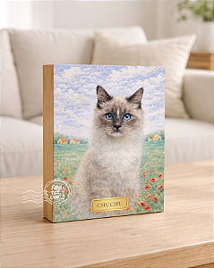 Quadro de mesa meu pet gato branco e cinza personalizado com nome 15x20cm