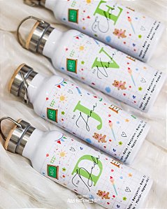 Garrafa Térmica Personalizada Tampa de Bambu para Professora 500mL – Desenhos Infantis
