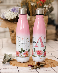 Garrafa Urbana Degradê Rosa Floral com Nome e Frase 500mL