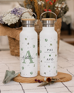 Garrafa Térmica Personalizada Tampa de Bambu Plantas Delicadas com Datas 500mL