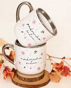 Caneca Nobelle Moon Prata com Arte de Florzinhas Rosa 400mL