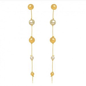 Brinco longo bolas ouro e pérola