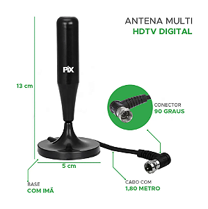 Antena Interna e Externa HDTV Base Com Imã Digital - Plug 90 Graus 1,8 metros