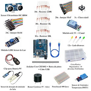 Kit Arduino Uno e Sensores Intermediário com caixa e apostila em PDF com projetos