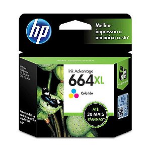 Cartucho de Tinta HP 664XL Colorido Original - F6V30AB - 330 páginas para 1115, 2134, 2136, 2676, 3686, 3776, 3788, 3790, 3836, 4536, 4676, 5076, 5276 - F6V30AB