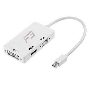 Conversor Mini DisplayPort Macho para HDMI/VGA/DVI Fêmea Branco F3 - 558/JC-MDP3IN1 - com cabo de 20cm - 558