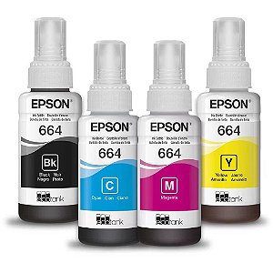 Tinta para Cartucho Epson Original - T664 Kit 4 Cores - 6.500 páginas para L110, L120, L200, L210, L220, L355, L365, L455, L555, L565, L375 - T664 PRETO + COLORS
