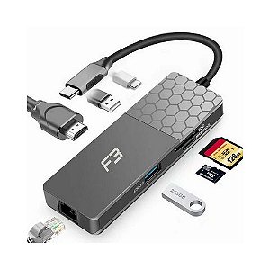 Conversor USB Type-C 3.0 Macho para 2 USB 3.0/ 1 HDMI 4K/ 1 RJ45 Gigabit/ Micro SD/ SD/ Type-C F3 - 1539 - 1539