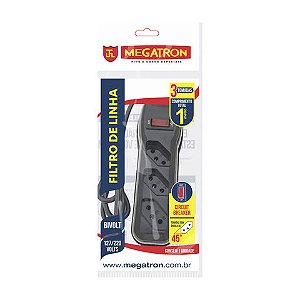 Filtro de Linha Megatron com 3 Tomadas 10A 3 Pinos Bivolt 1 Metro Preto - 49 - Circuit Breaker - 49