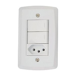 Interruptor 2 Simples 10A Tramontina Lux2 57145/073 com Tomada + Espelho 4x2 Branco - 57145/073