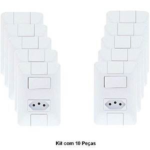 Kit com 10 Peças Interruptor 1 Simples 6A Tramontina Aria 57241/064 com 1 Tomada 10A + Espelho 4x2 Branco - 57241/064 KIT C/ 10 PEÇAS