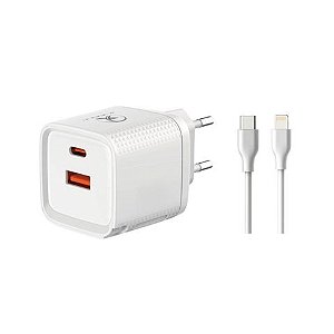 Carregador de Celular Parede com 2 Portas USB-A/USB-C 3.0A 45W GaN Bivolt Cabo Ligthning Branco X-Cell - XC-UR56B - XC-UR56B