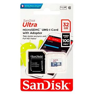 Cartão de Memória Sandisk 32 GB Micro SDHC Ultra Classe 10 com Adaptador - SDSDQUNR-032G-GN3MA - SDSDQUNR-032G-GN3MA