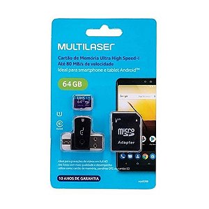 Cartão de Memória Multilaser 64 GB Micro Ultra High Speed Classe 10 SD+USB+OTG com Adaptador - MC152 - MC152