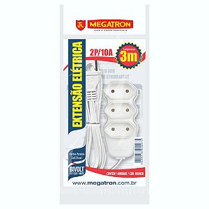 Cabo de Extensão 3 Tomadas Megatron 10A 3 Metros Bipolar Branco - 97 - 97