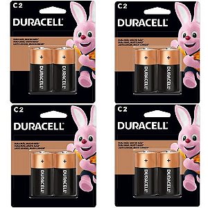 Kit com 4 Cartelas Pilha Alcalina Média C Duracell - 6412 - Blister com 2 Pilhas - 74443 KIT C/ 4 PEÇA