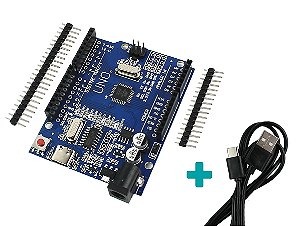 Arduino UNO R3 CH340G TIPO C + Barra de pinos + Cabo USB C