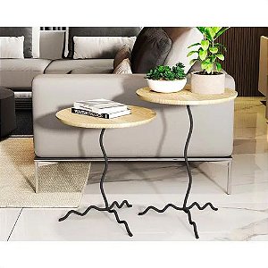 Conjunto de Mesas Onda Natural Ferro Mesa Lateral Tampo Em Pinus