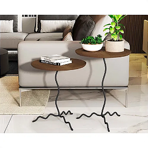 Conjunto de Mesas Onda Imbuia Ferro Mesa Lateral Tampo Em Pinus