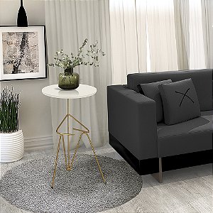 Mesa De Canto Lateral Mesinha Bambino Base Dourado e Tampo Off White