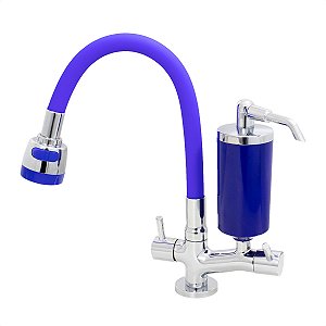 Torneira de Cozinha de Mesa Azul Com Filtro Blindado Azul Cone Gourmet Bica de Inox Flexível