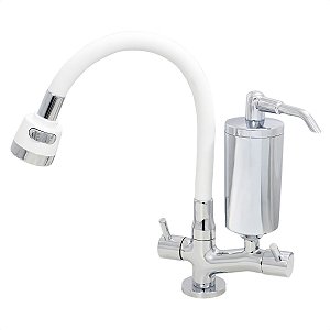Torneira de Cozinha de Mesa Branco Com Filtro Blindado Cromado Cone Gourmet Bica de Inox Flexível
