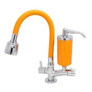 Torneira de Cozinha de Mesa Laranja Com Filtro Blindado Laranja Cone Gourmet Bica de Inox Flexível