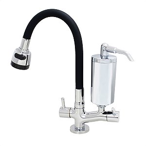 Torneira de Cozinha de Mesa Preto Com Filtro Blindado Cromado Cone Gourmet Bica de Inox Flexível